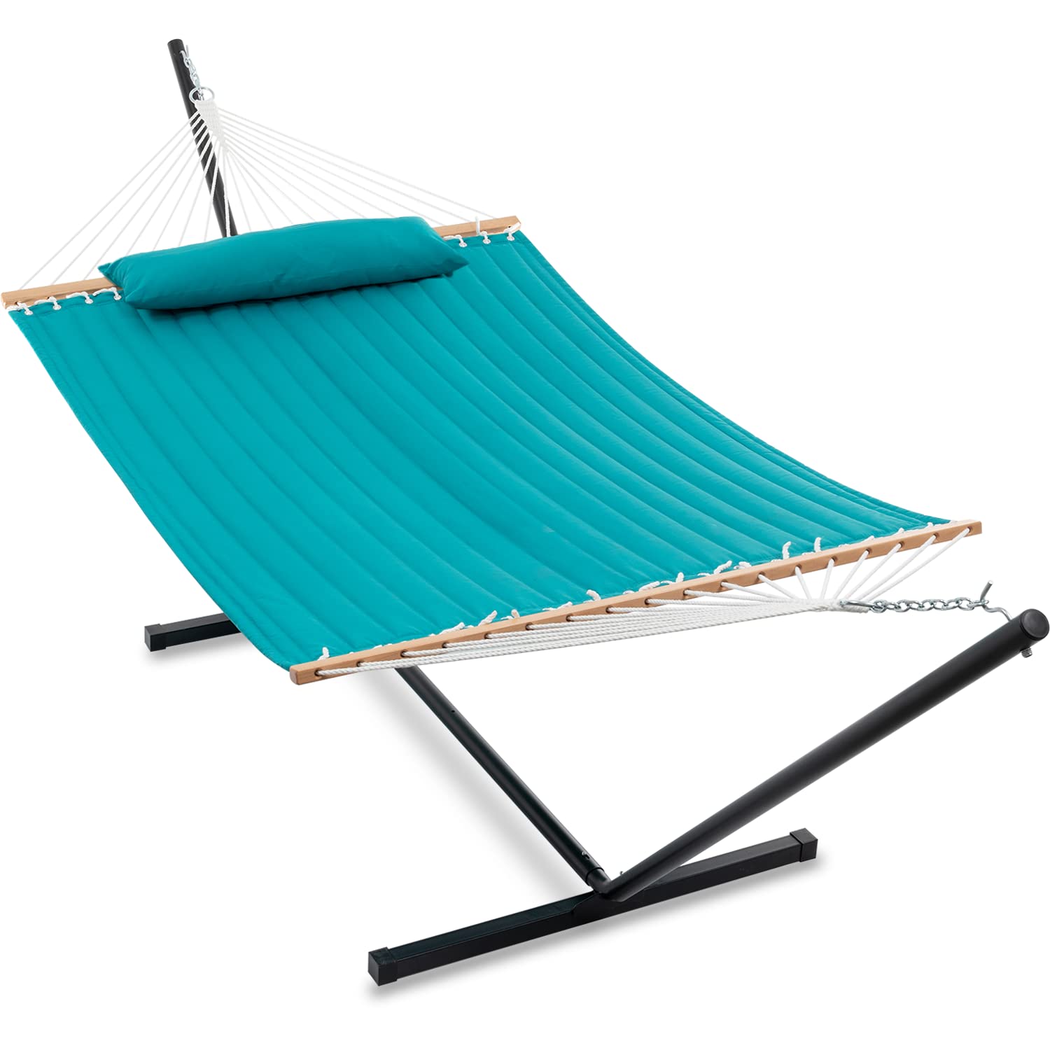 55 Inch Extra Large Two Person Hammock with Stand - Heavy Duty Portable Cotton Double Hammock with Hardwood Spreader Bar & Soft Pillow - Outdoor Patio, Backyard, Camping - Max 475lbs Capacity (Aqua Blue)