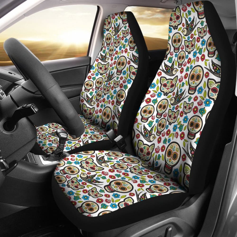 2 Pcs Floral Sugar Skull Car Seat Covers - Day of The Dead Mexican Style Decor for Cars, Trucks & SUVs - Perfect for Halloween, Dia de los Muertos Celebrations & Gothic Car Accessories