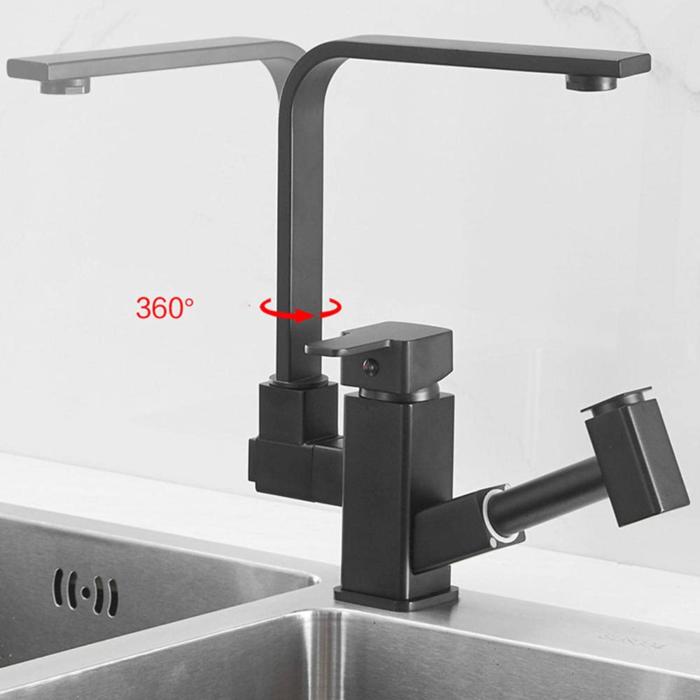 Black Pull-Down Kitchen Sink Faucet with Sprayer - Solid Brass Modern Waterfall Mixer Tap for Farmhouse & RV - Perfect for Washing Dishes, Filling Pots & Cleaning Large Sinks