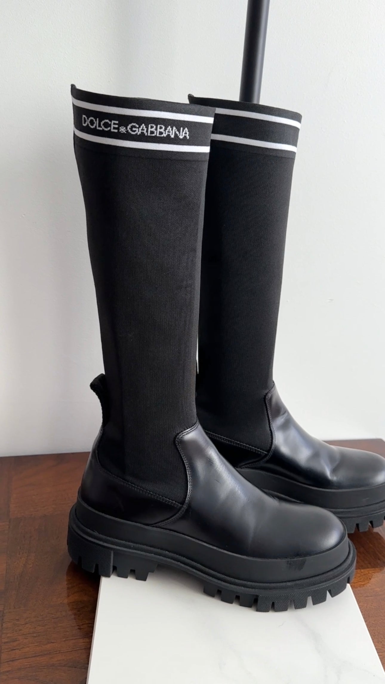 Dolce & Gabbana Black Leather Lug Sole Tall Logo Sock Boots Size 39 - Stylish Winter Ankle Boots for Women, Perfect for Night Out & Street Fashion