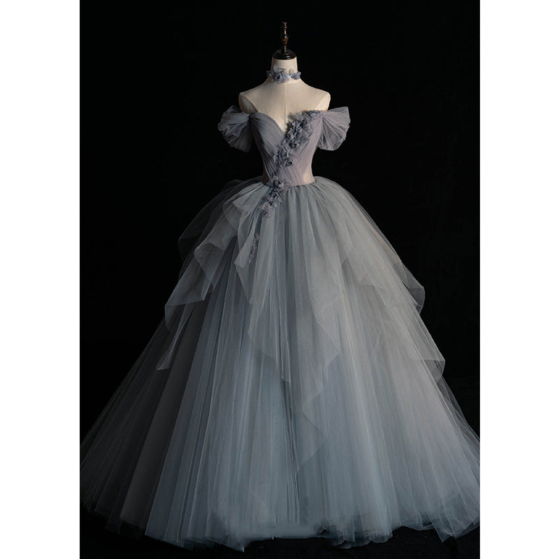 Elegant Off Shoulder Fluffy Ball Gown - Blue Gray Tulle Formal Dress for Prom, Evening Gala & Special Occasions | Women's Party Wear 706