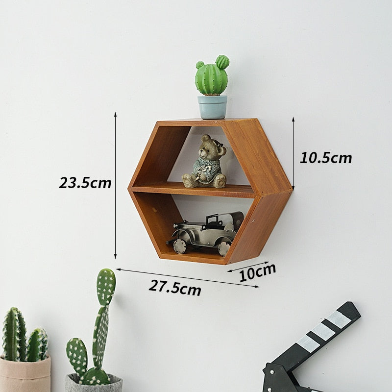 Hexagon Wood Wall Shelf - Modern Geometric Floating Shelves for Home Decor, Bathroom, Bedroom & Living Room Storage | Rustic Wooden Display Shelf for Plants, Books & Decorative Items