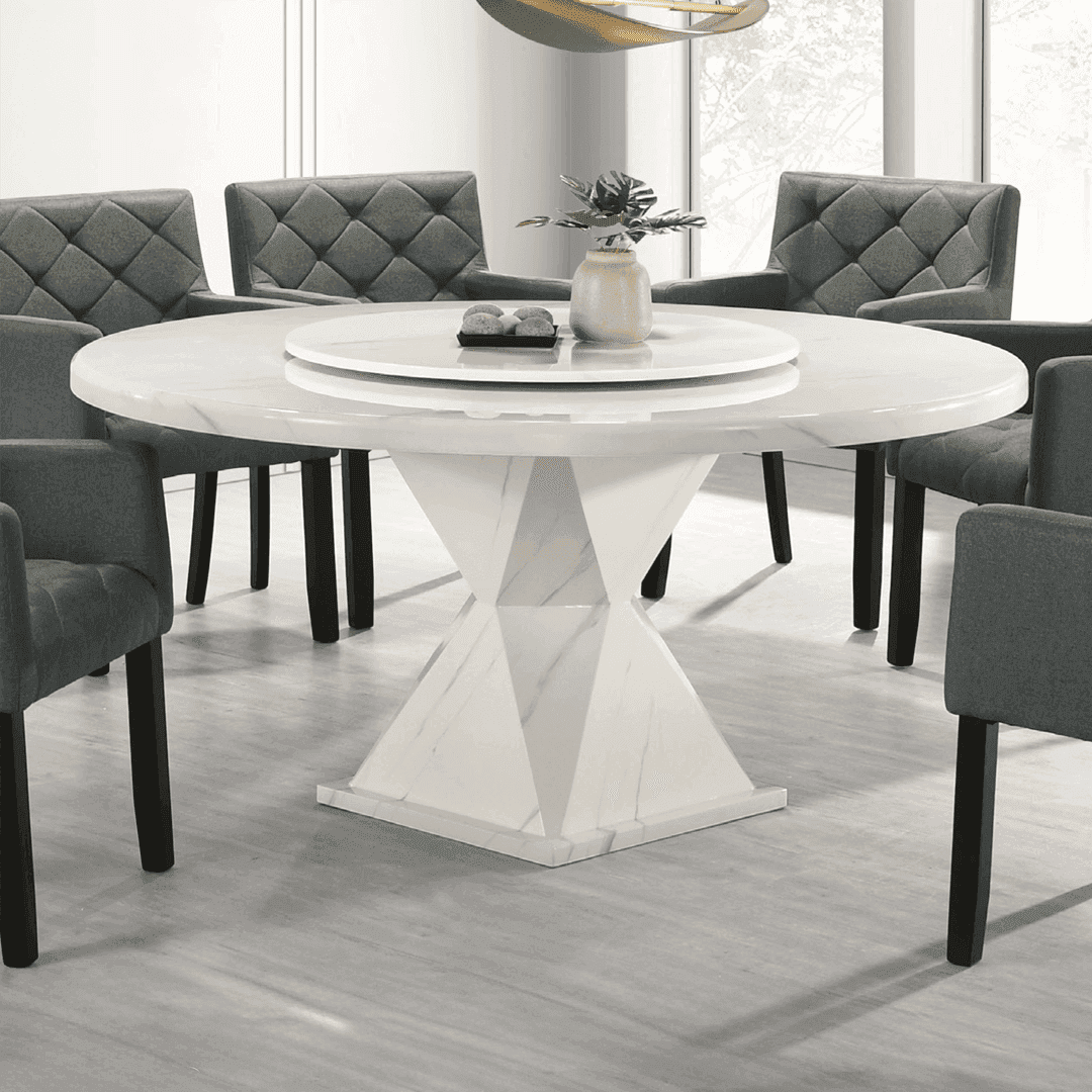 Modern Round Marble Dining Table Set with 6 Fabric Chairs - Elegant White Marble Top & Gray Upholstered Seating for Dining Room, Kitchen, or Breakfast Nook - Korra & Yonda 7-Piece Dining Set
