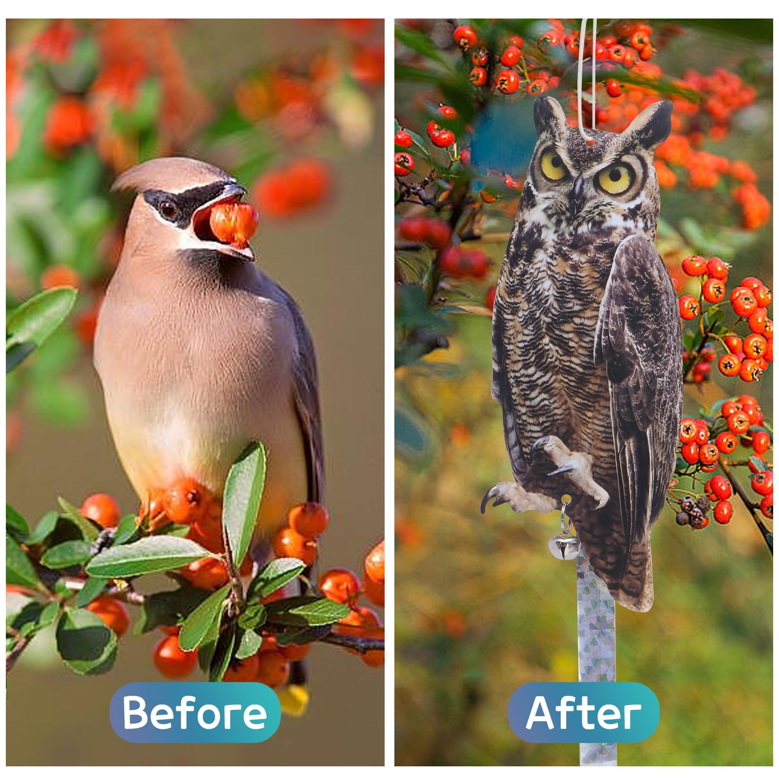 2 Packs Fake Owl Decoy with Reflective Eyes - Scare Away Woodpeckers, Birds & Pests - Outdoor Garden, Yard & Window Protection - Ideal for Home, Farm & Patio Use