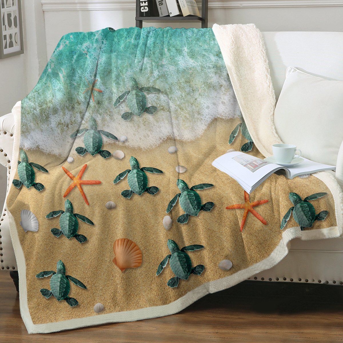 Happy Little Sea Turtles Soft Sherpa Blanket - Cozy Flannel Throw for Kids & Adults - Perfect for Nursery, Bedroom, Couch & Outdoor Camping
