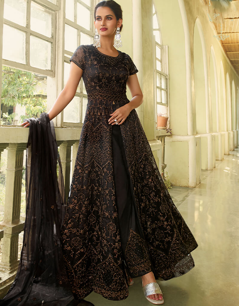 Elegant Black Anarkali Style Gown - Semi Stitched Suits for Women | Perfect for Weddings, Parties & Festive Occasions
