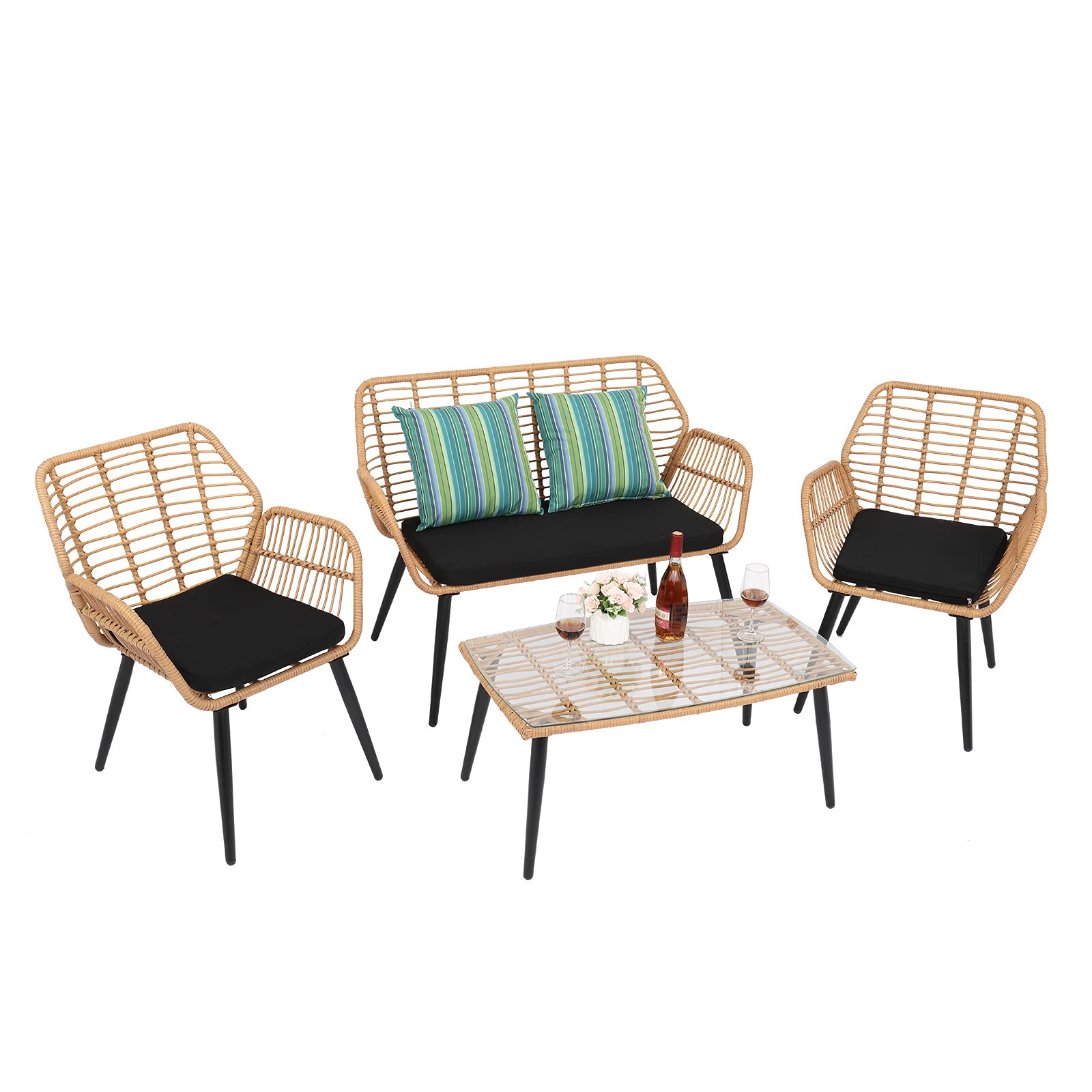 VINGLI 4-Piece Wicker Outdoor Furniture Set - Rattan Patio Conversation Set with Cushions & Glass Coffee Table - Weather-Resistant Sectional Sofa for Garden, Backyard, Poolside - Perfect for Relaxing, Entertaining & Outdoor Dining
