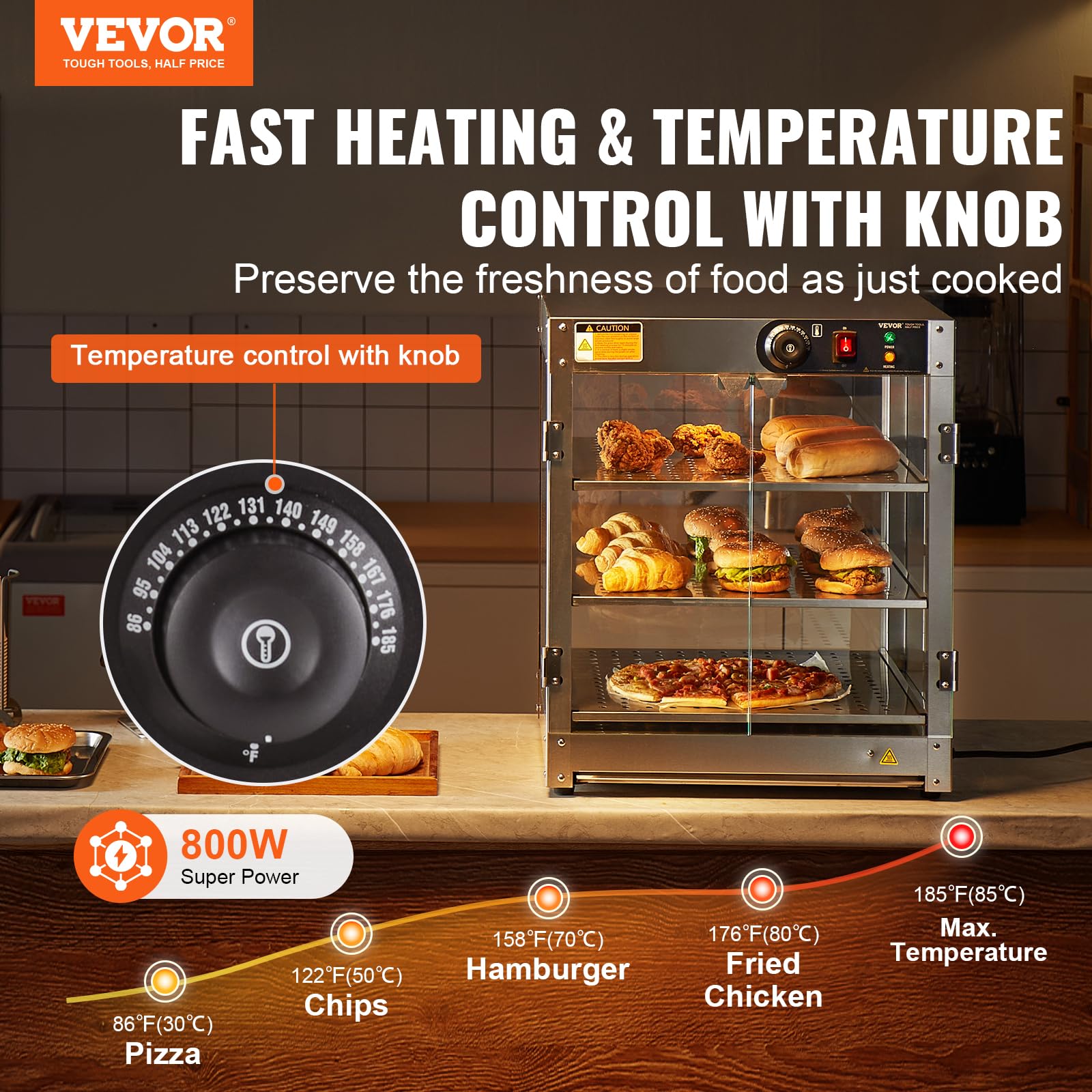 VEVOR 3-Tier Commercial Food Warmer Display - 800W Heated Buffet Server with LED Lights & 86°F~185°F Adjustable Temperature - 90L Large Capacity for Burgers, Pizza, Bread & Fried Chicken - Perfect for Restaurants, Cafes & Catering Events