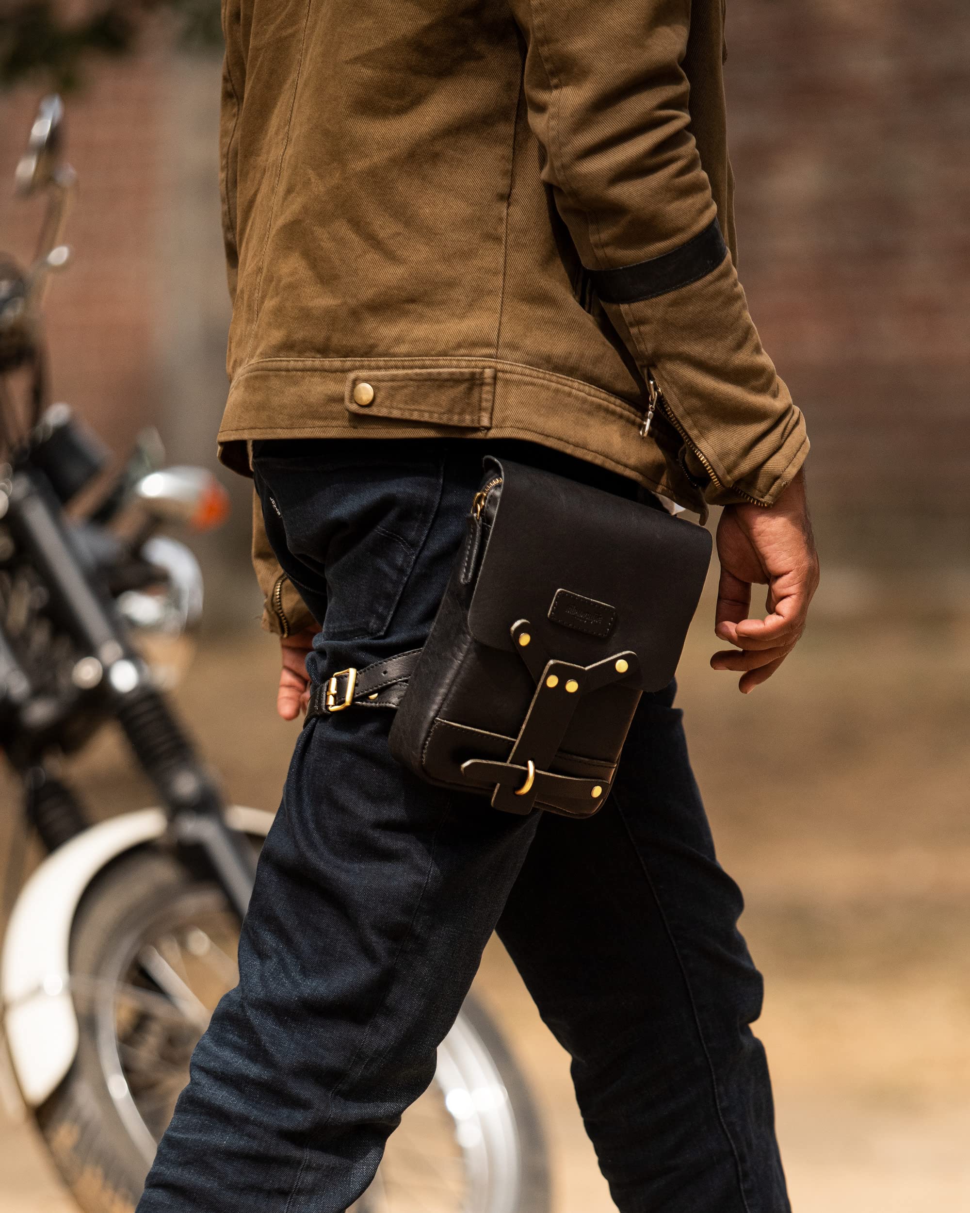 Trip Machine Company Genuine Leather Handmade Waist Drop Thigh Bag Fanny Pack - Black | Durable & Stylish for Travel, Hiking, Festivals & Everyday Use