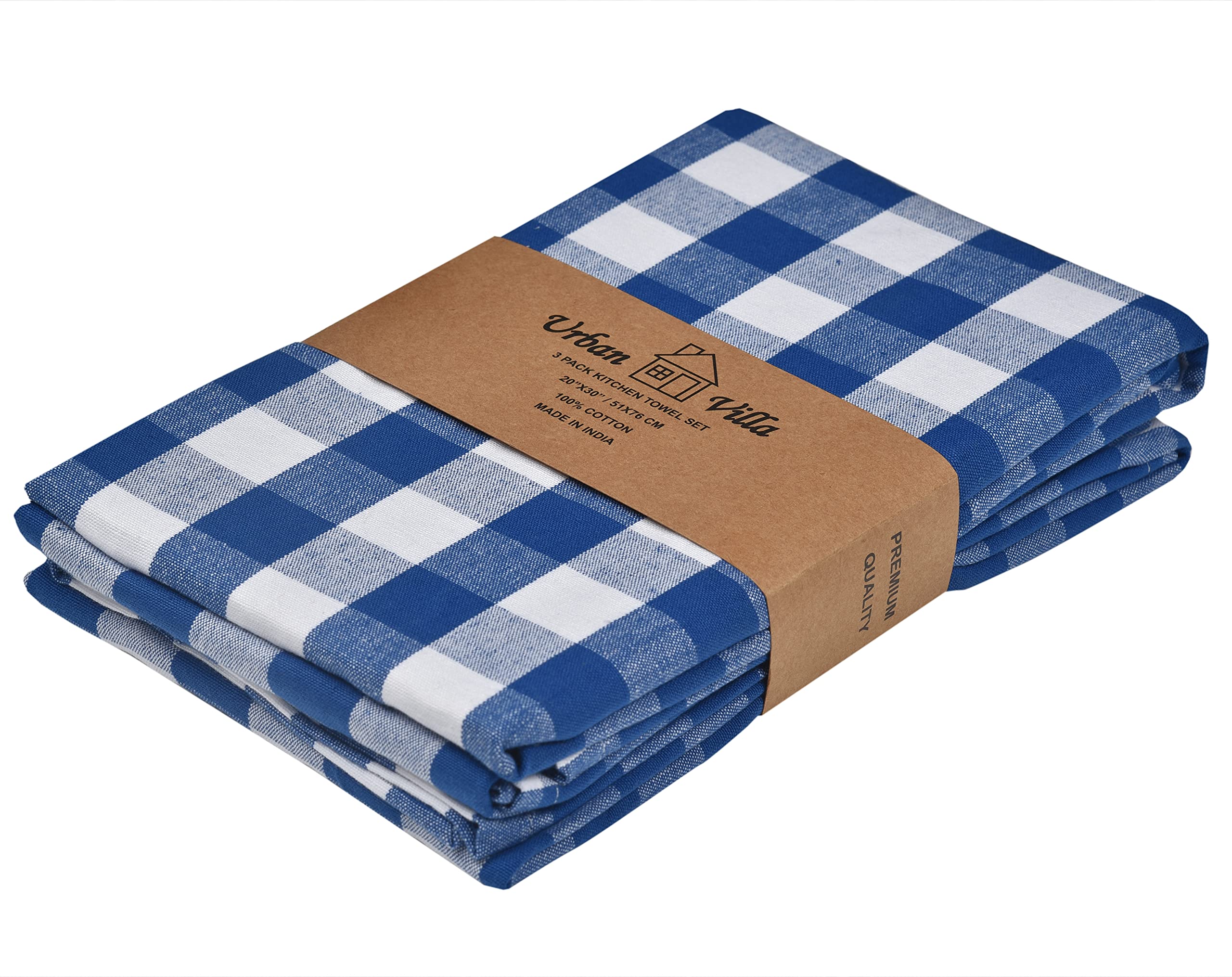 Urban Villa 3-Pack Buffalo Check Blue/White Kitchen Towels 20x30 Inches 100% Cotton Highly Absorbent Premium Quality Ultra Soft with Mitered Corners for Dish Drying, Counter Wiping, and Hand Cleaning