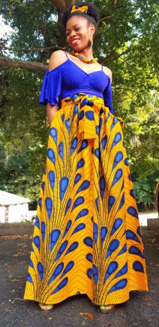Stylish Orange and Blue African Print Peacock Skirt DP3816SKDF | Vibrant Ankara Maxi Skirt for Women | Perfect for Festivals, Parties & Cultural Events