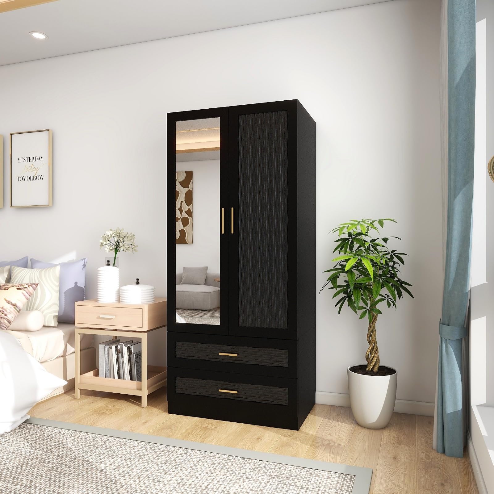 Black Armoire Wardrobe Closet with Mirrors & 2 Doors - 31.5