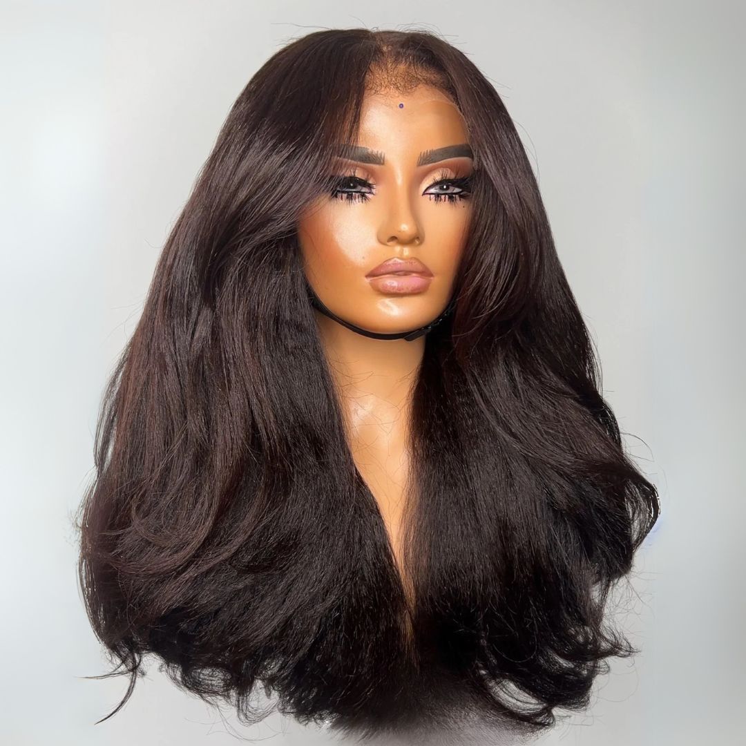 Eullair 13x4 Lace Front Wig - Two Tone Chocolate Yaki Straight Human Hair Wig with Curtain Bangs & Layered Cut | Custom Color | Perfect for Daily Wear, Cosplay & Special Occasions