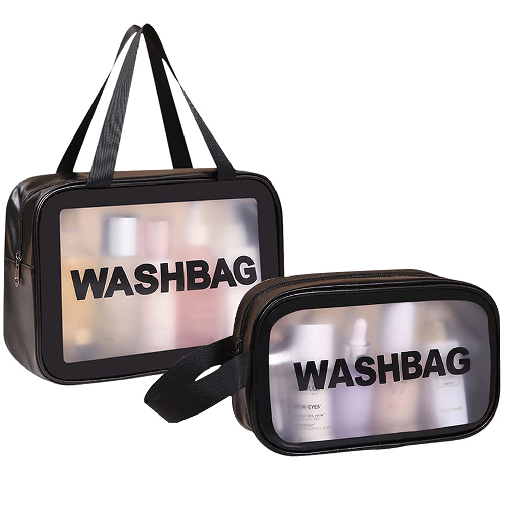 2 Pack Large Clear Makeup Bags - Waterproof PVC Cosmetic & Toiletry Organizer Set - Thickened Transparent Travel Wash Bags for Women & Men - Ideal for Travel, Gym, Beach & Daily Storage (Black)
