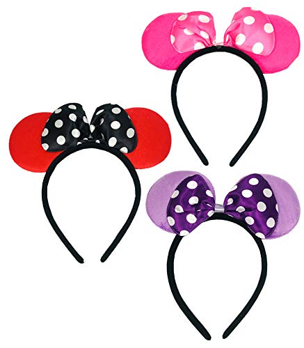Evisha 3-Pack Assorted Color Polka Dot Minnie Mouse Hair Bands - Soft Stretch Headbands for Women & Girls - Perfect for School, Sports, and Disney Themed Outfits