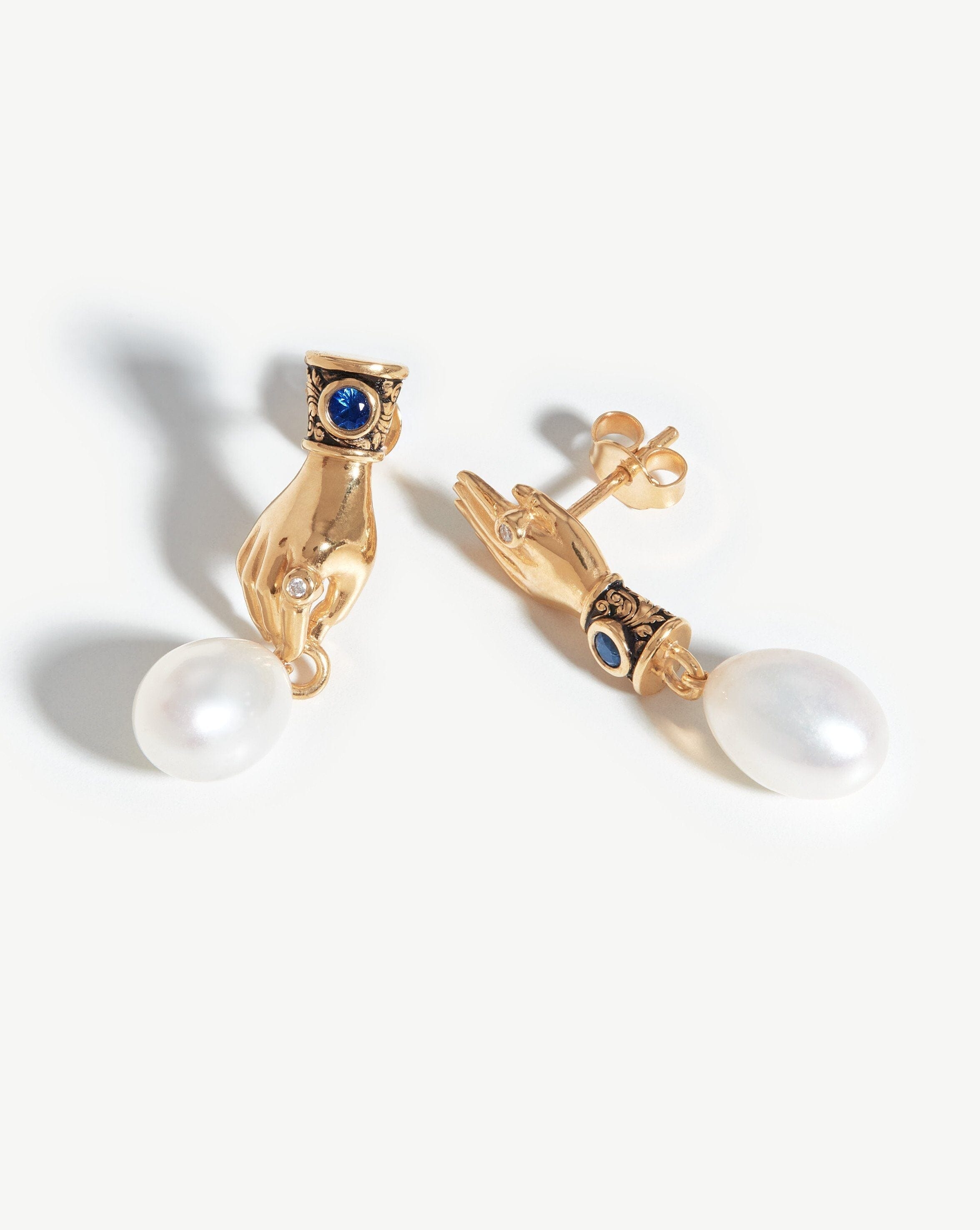 Harris Reed Fine Handpicked Drop Earrings - 14K Solid Gold with Pearl & Blue Sapphire | Elegant Dangle Earrings for Women | Perfect for Weddings, Parties & Special Occasions