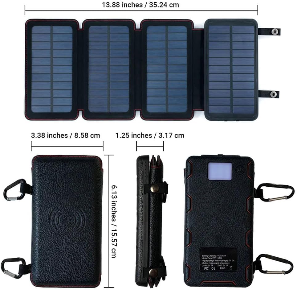 SunCharge Supernova 6000mAh Solar Power Bank with Dual USB & Wireless Charging, 5.5W Solar Panel, LED Flashlight, Shockproof & Waterproof Design - Perfect for Camping, Hiking, Emergencies, Travel & Outdoor Adventures