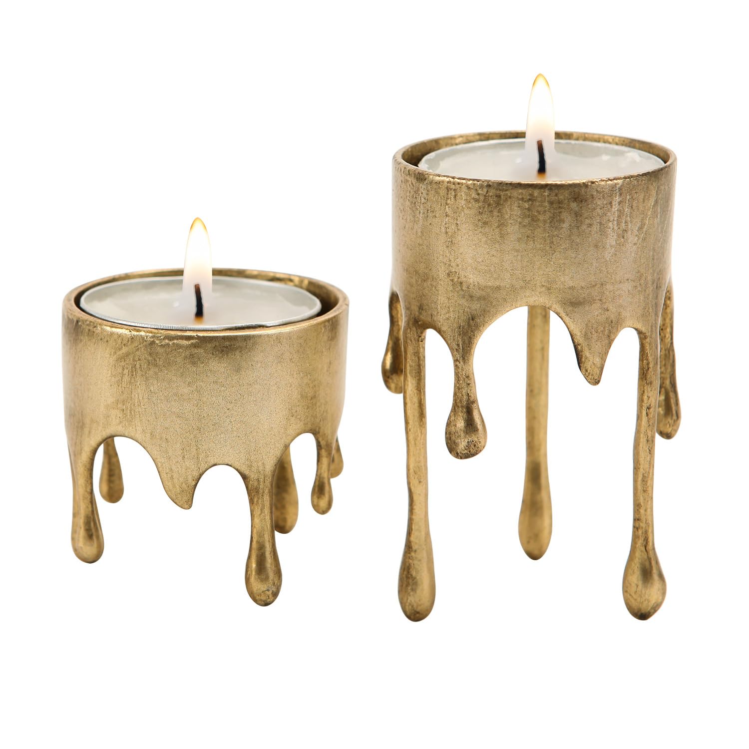 NIKKY HOME Gold Metal Tealight Candle Holders Set of 2 - Dripping Melting Design Legs for Table Centerpiece Decor, Tea Light & Votive Candle Stand | Perfect for Wedding, Dining Room, Romantic Dinner, and Home Decor