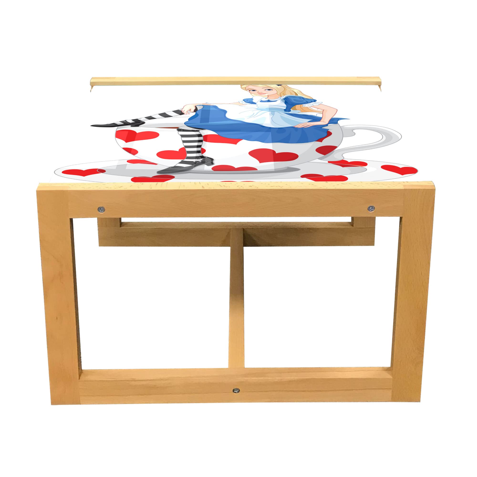 Ambesonne Alice in Wonderland Coffee Table - Fantasy Tale Design with Girl Sitting on Tea Cup Heart Shape, Acrylic Glass Top & Wooden Frame - Perfect for Offices, Dorms & Living Rooms - Small Size in Blue, Vermilion & White - Great for Tea Parties, Reading Nooks & Whimsical Home Decor