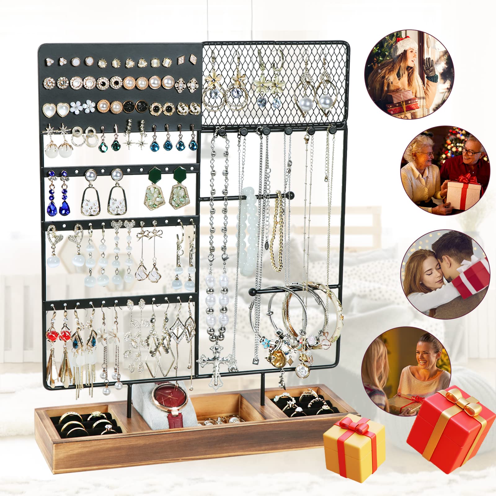 Sovia Jewelry Organizer Stand with 84 Holes & Wooden Tray - for Earrings, Necklaces & Watches - Perfect for Bedroom & Travel