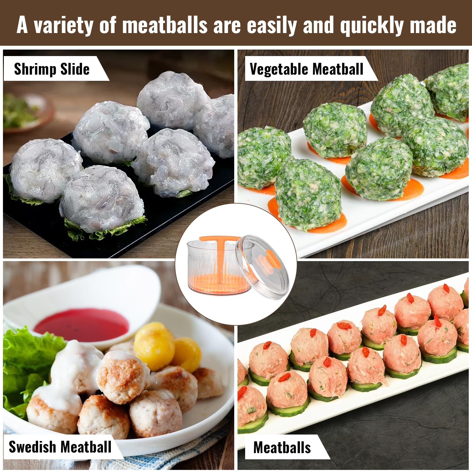 Premium 5-in-1 Meatball Maker Kitchen Tool - Transparent Meatball Press for Homemade Meatballs, Shrimp Balls, Veggie Balls & Round Pastries - Durable Orange Cooking Gadget for Easy Meal Prep & Party Snacks