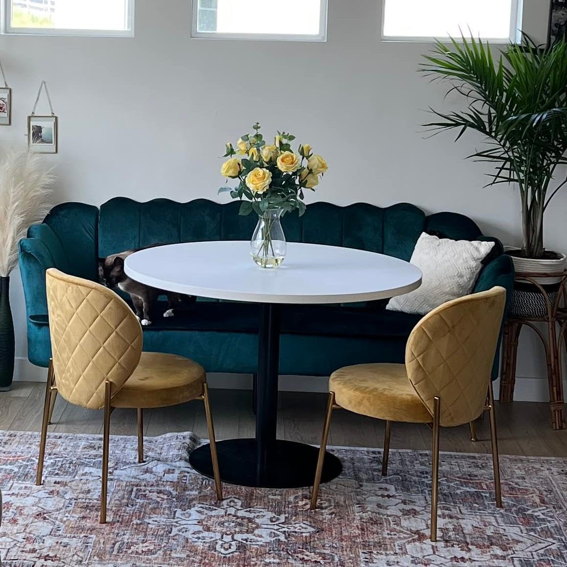 DAGONHIL Mid Century Modern Velvet Dining Chairs Set of 2 - Yellow Upholstered Vanity Chairs with Golden Metal Legs for Kitchen, Dining Room, Living Room & Bedroom - Perfect for Home Decor & Small Spaces (2PCS, Yellow)