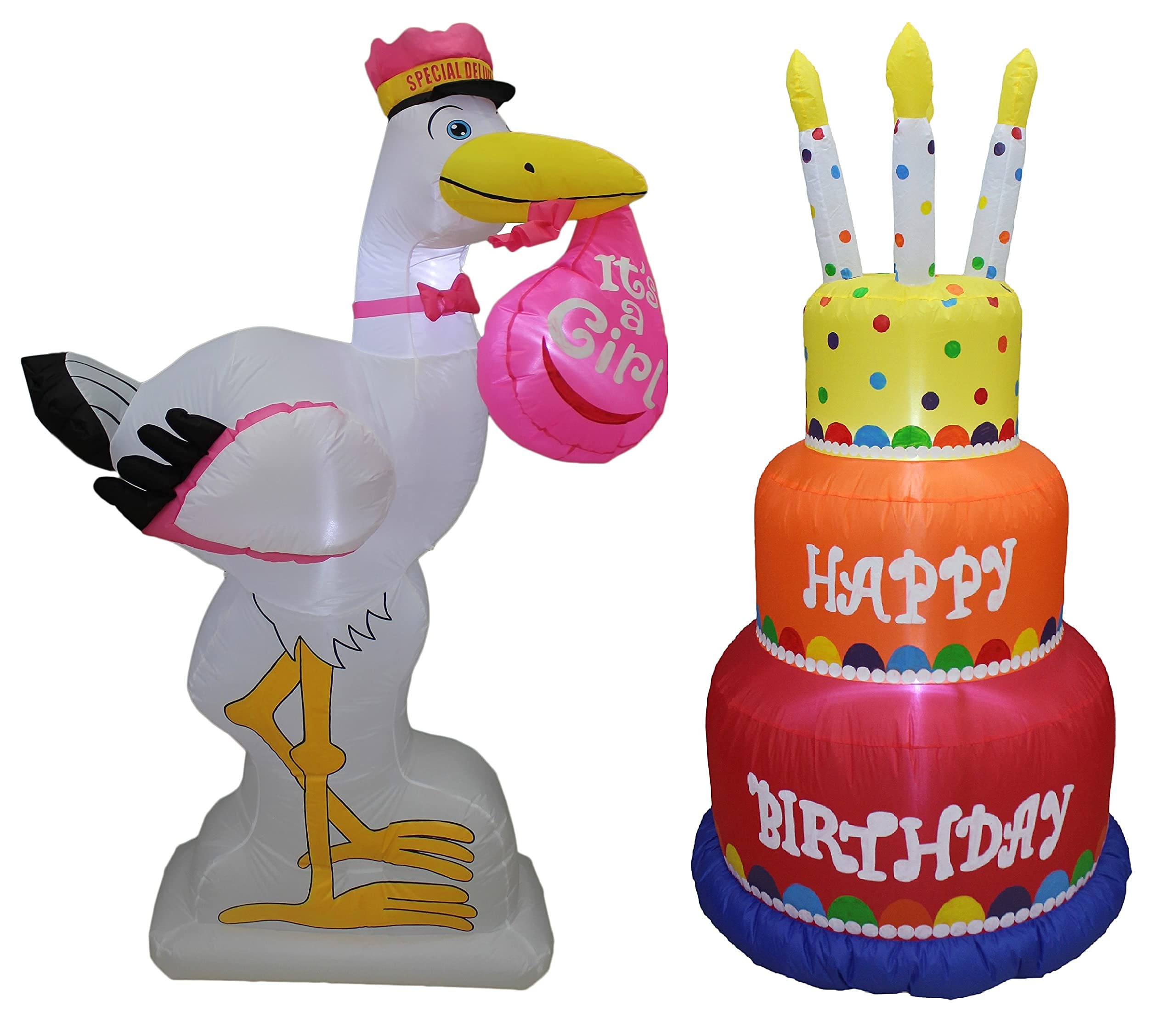 6ft Tall Inflatable Pink Stork & Happy Birthday Cake Decorations Bundle - It's a Girl Baby Shower & Birthday Party Supplies with LED Lights | Perfect for Outdoor Celebrations, Gender Reveals & Backyard Events