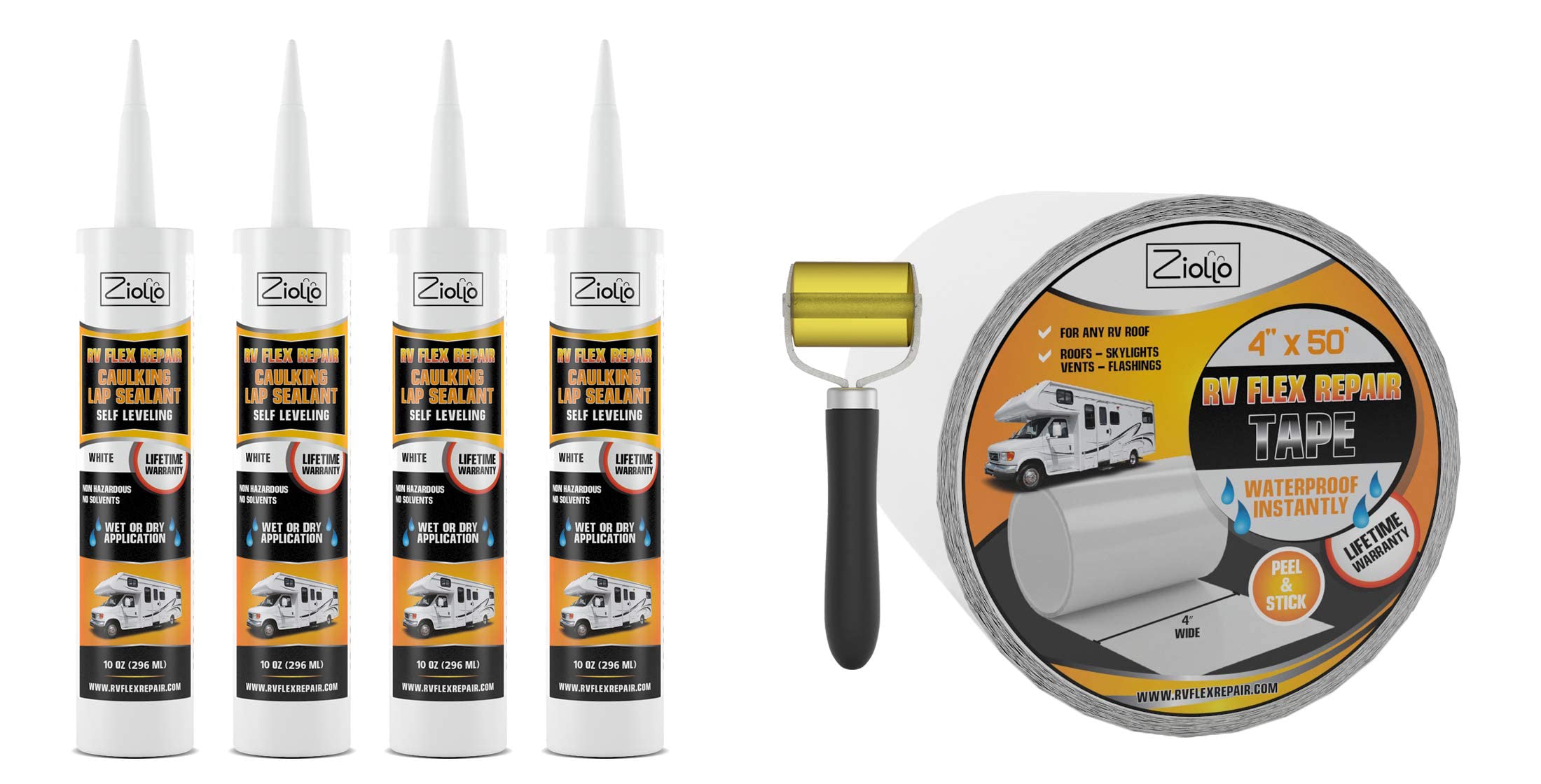 Flex Repair Self-Leveling Caulking Lap Sealant & Seam Tape Kit - White (4-10 oz Tubes + 4