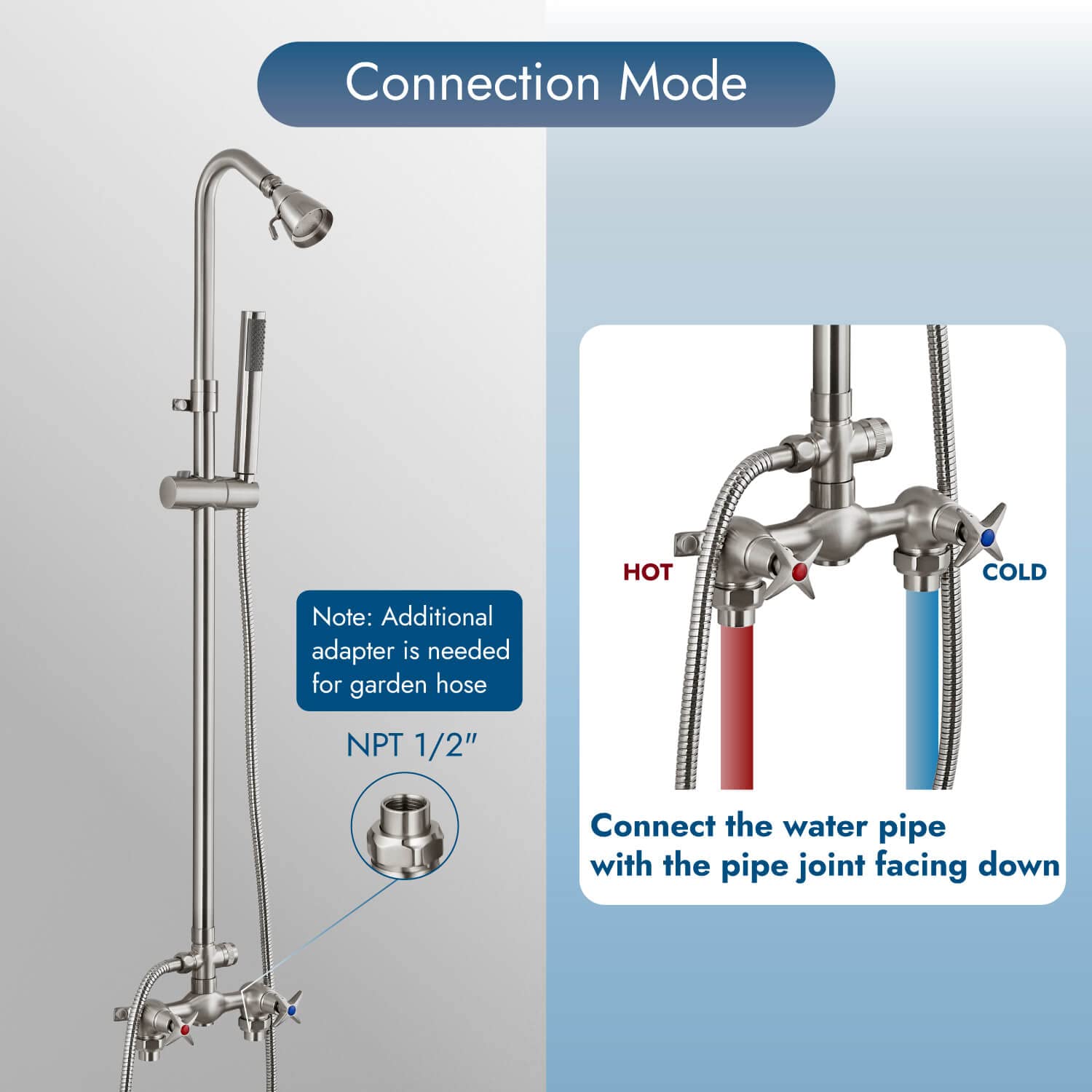 Brushed Nickel Wall Mounted Exposed Shower Fixtures with Handheld Shower Head - Outdoor Shower Kit with 2 Cross Handles & Adjustable Slide Bar - Dual Function Shower Faucet for Bathroom, Poolside, and Garden Use
