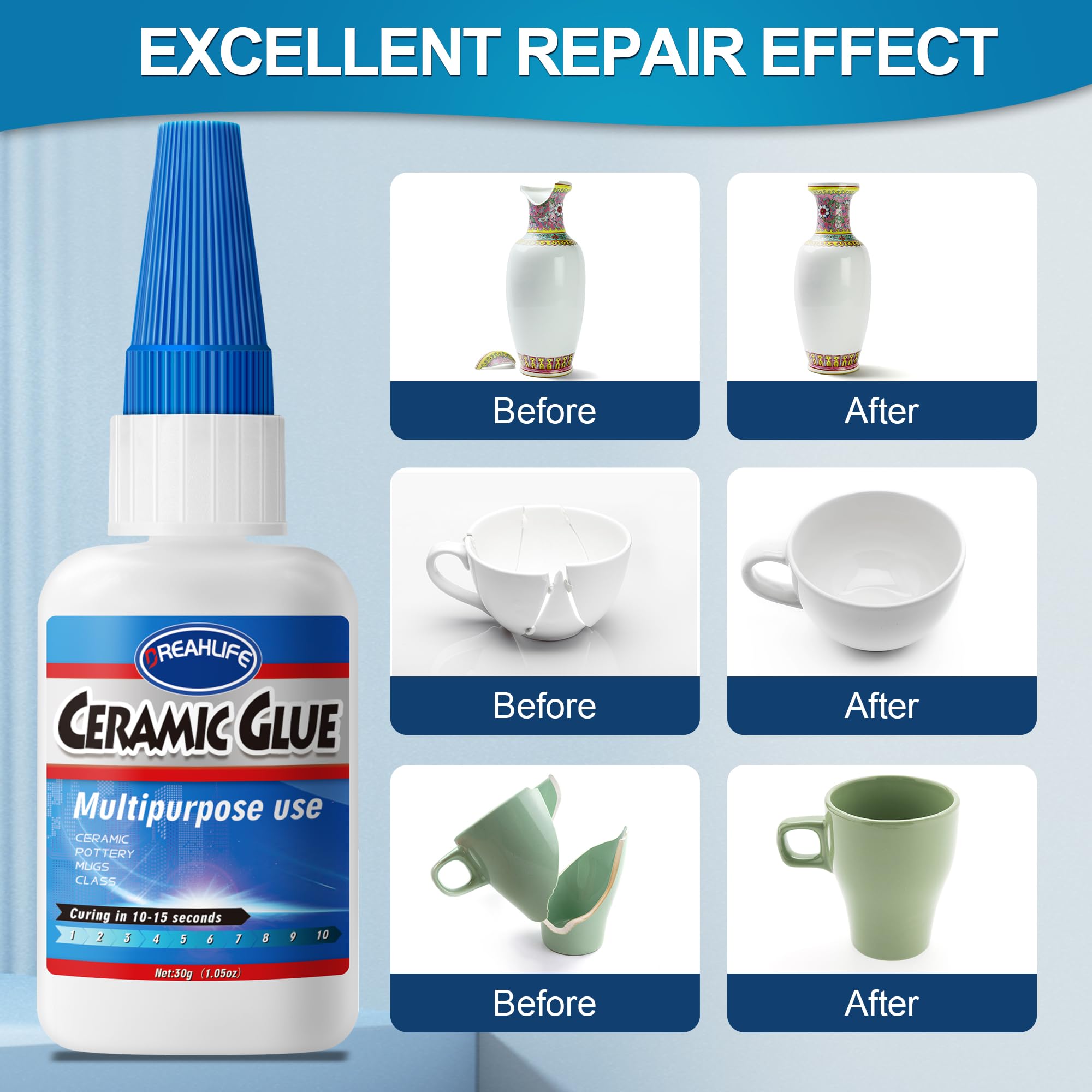 Best Super Glue for Ceramics Repair - 30g Strong Adhesive for Porcelain, Pottery, Dishes, Tiles & Mugs - Fast-Drying DIY Craft Glue - Perfect for Home Fixes, Kitchenware Repairs & Art Projects