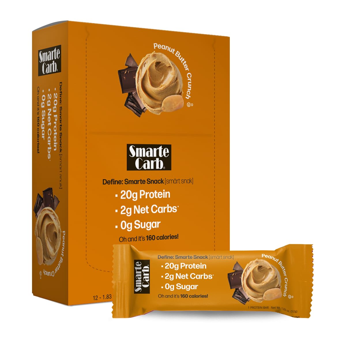 NuGo Smarte Carb Protein Bar - 20g Protein, 0g Sugar, 2g Net Carbs, 160 Calories, Peanut Butter Crunch Flavor (Pack of 12) | Keto-Friendly Snack for Weight Loss, Gym Recovery & On-the-Go Energy