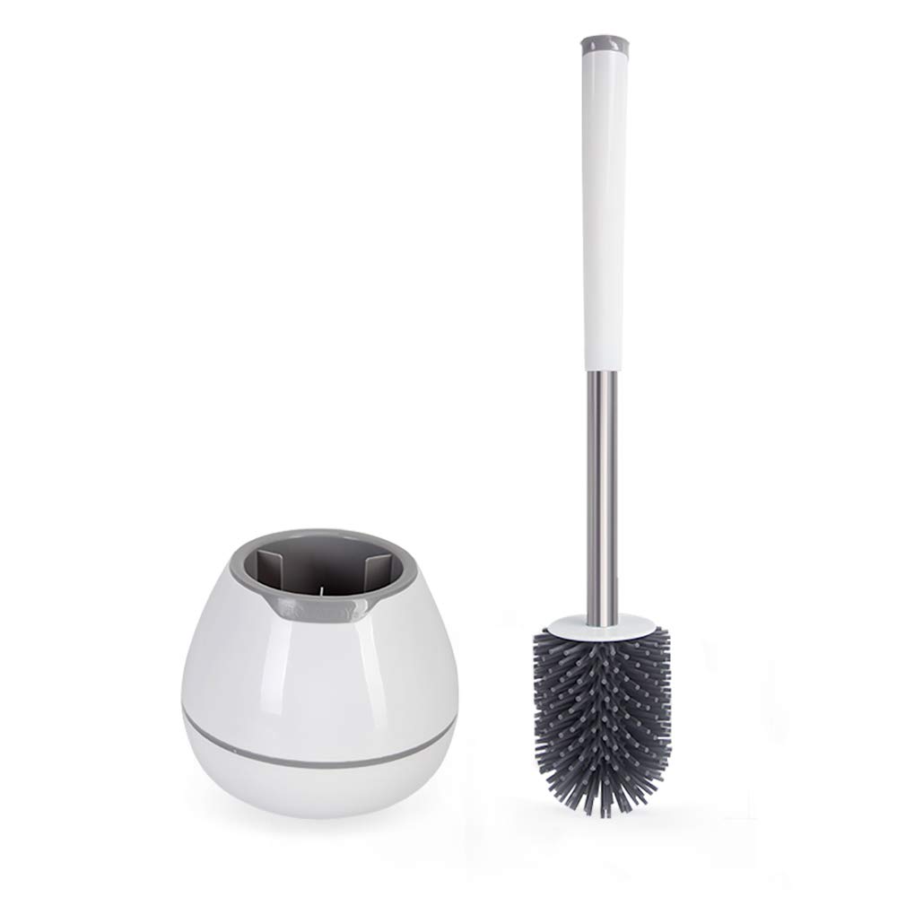 BOOMJOY Silicone Toilet Brush and Holder Set with Aluminum Handle - White | Bathroom Cleaning Kit Includes Bowl Brush & Tweezers | Durable Toilet Cleaner for Home, Apartment & RV Use