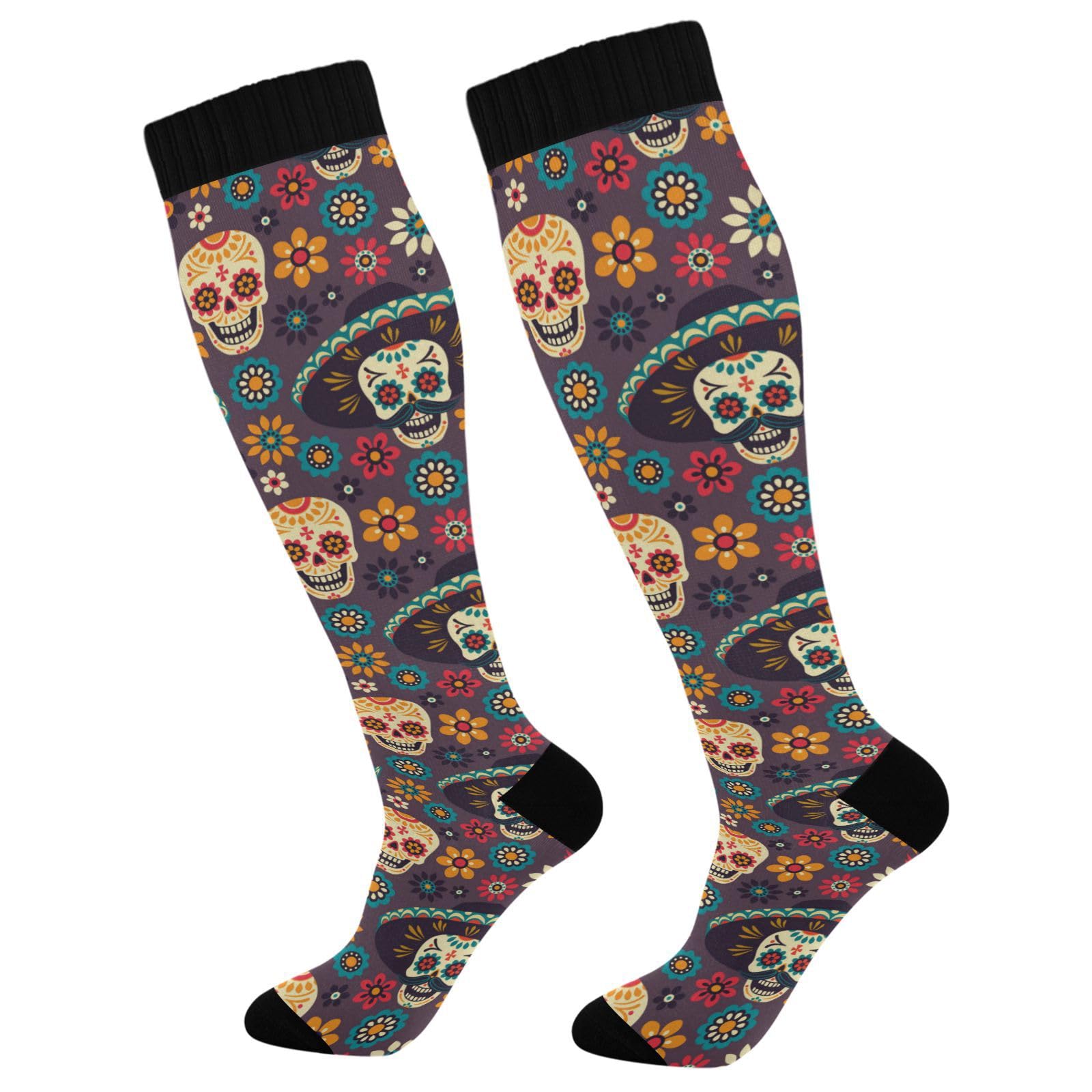 JUNZAN Sugar Skulls Knee High Compression Socks for Men & Kids - Running, Sports & Nurse Socks (One Size Fits Most) - Perfect for Halloween, Workouts & Medical Professionals