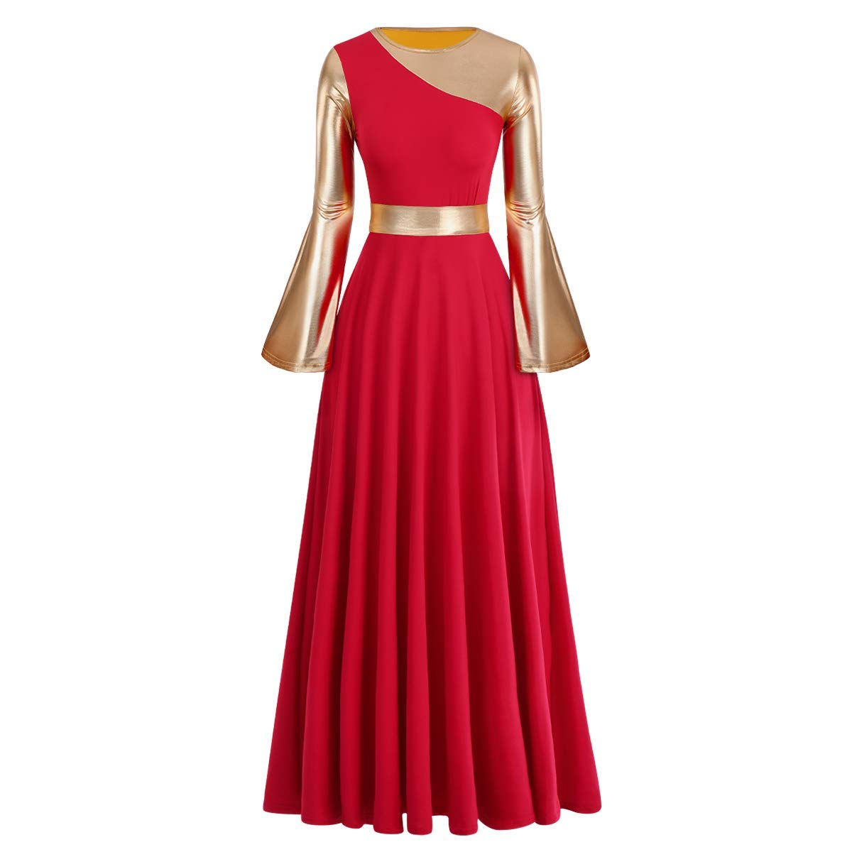 Metallic Praise Dance Dress for Women - Color Block Bell Sleeve Long Liturgical Worship Dress | Perfect for Church Performances, Gospel Choir & Spiritual Dance Events