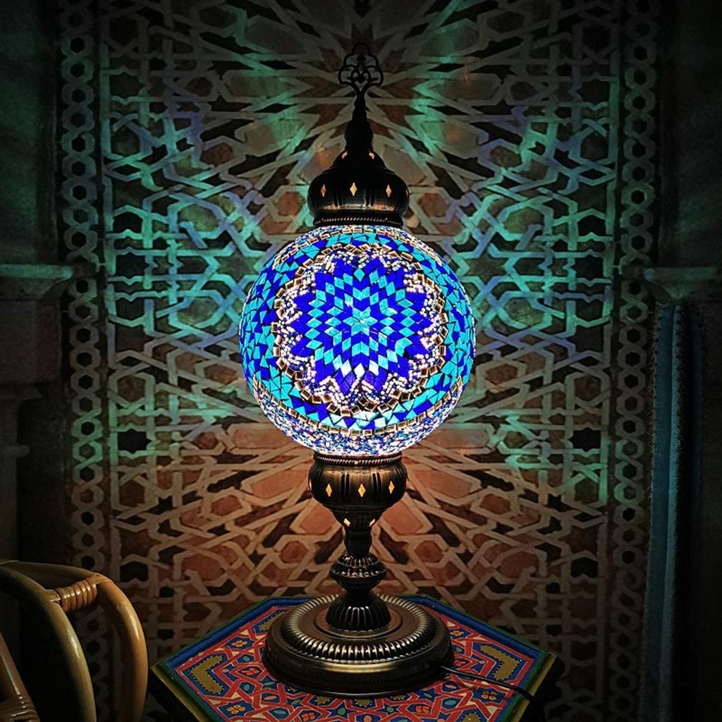 Handmade Mosaic Turkish Lamp - Moroccan Glass Table & Bedside Light with Bronze Base, Large Multicolor Globe - Perfect for Living Room, Bedroom, or Office Decor (Blue)