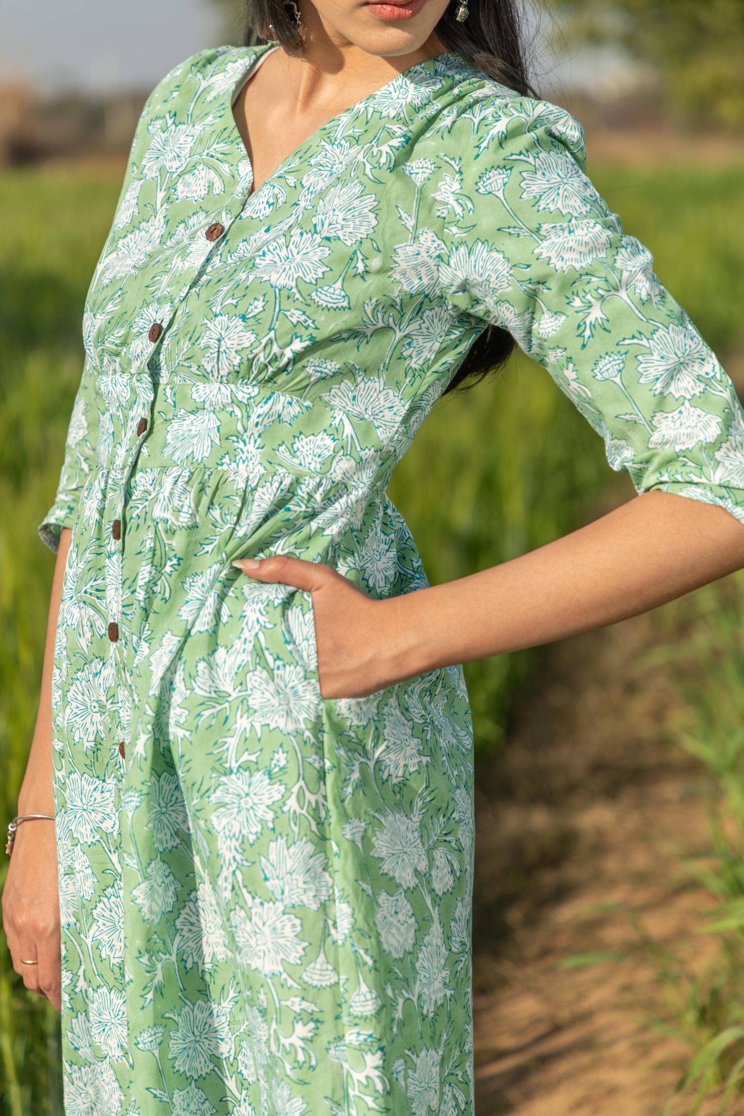 Sootisyahi 'Sea Sage' Azofree Handblock Printed Pure Cotton Dress - Breathable & Stylish for Summer Outings, Beach Vacations & Boho Fashion