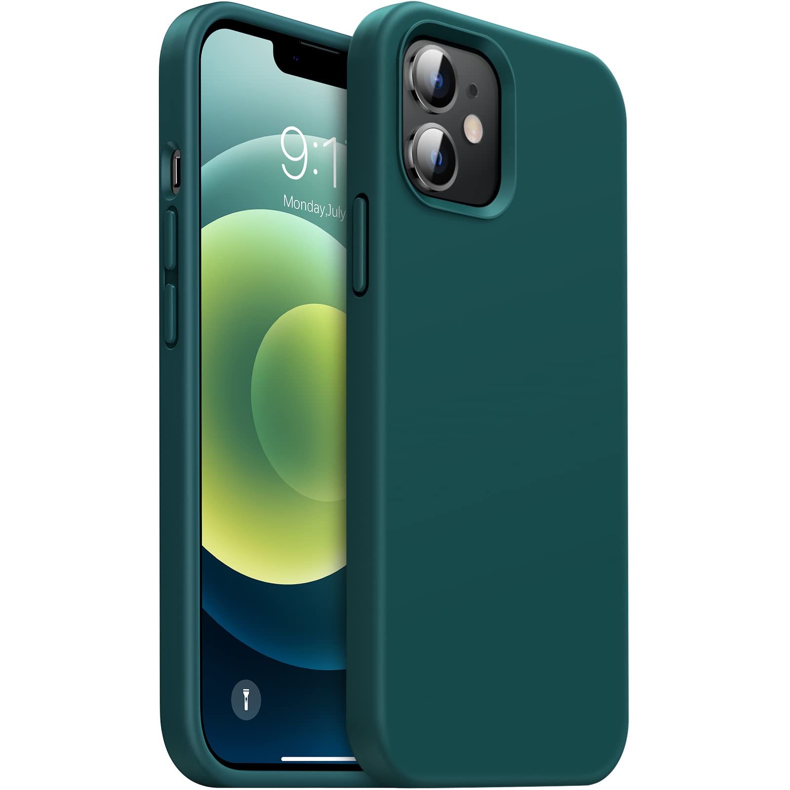 OuXul Liquid Silicone Gel Rubber Phone Case for iPhone 12/12 Pro (6.1 inch) - Slim Soft Protective Cover with Microfiber Lining | Shockproof & Scratch Resistant | Perfect for Daily Use, Work & Travel (Blackish Green)