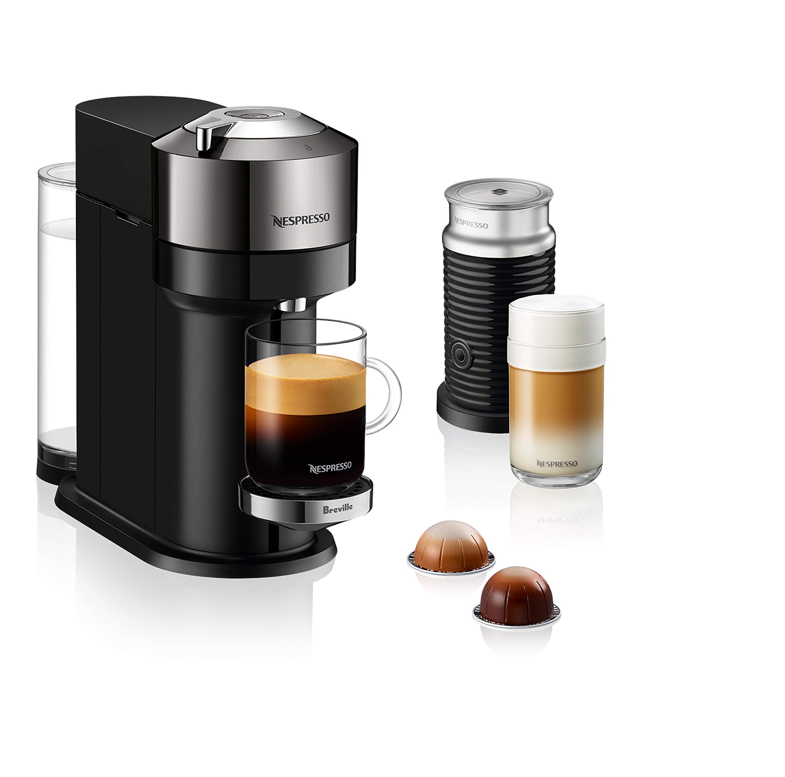 Nespresso Vertuo Next Deluxe Coffee and Espresso Machine with Aeroccino Milk Frother - 1.1L, Pure Chrome & Black Finish - Perfect for Home, Office, and Gifting