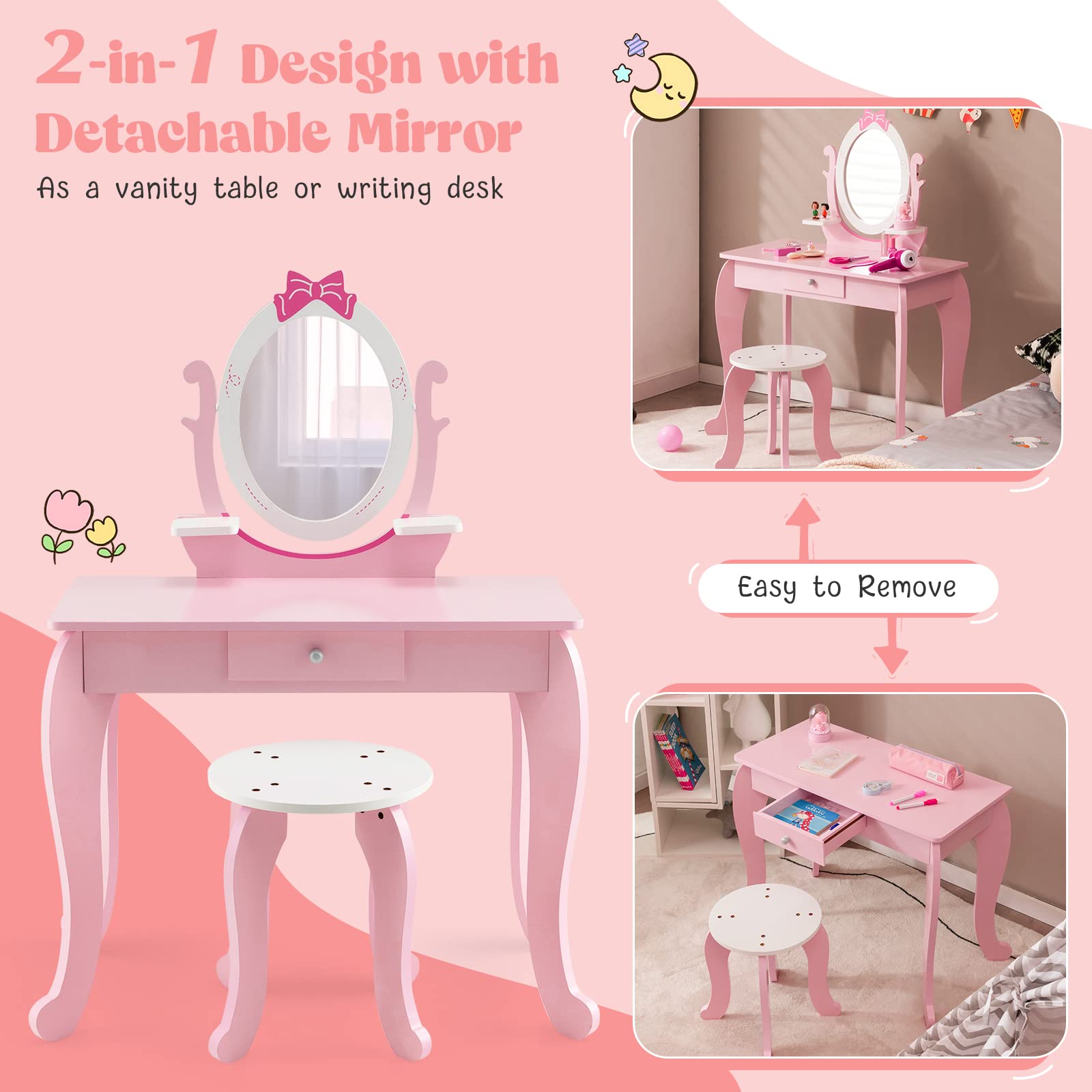 KOTEK 2-in-1 Kids Vanity with Rotating Mirror - Princess Dressing Table for Girls 3-7 - Playroom Decor