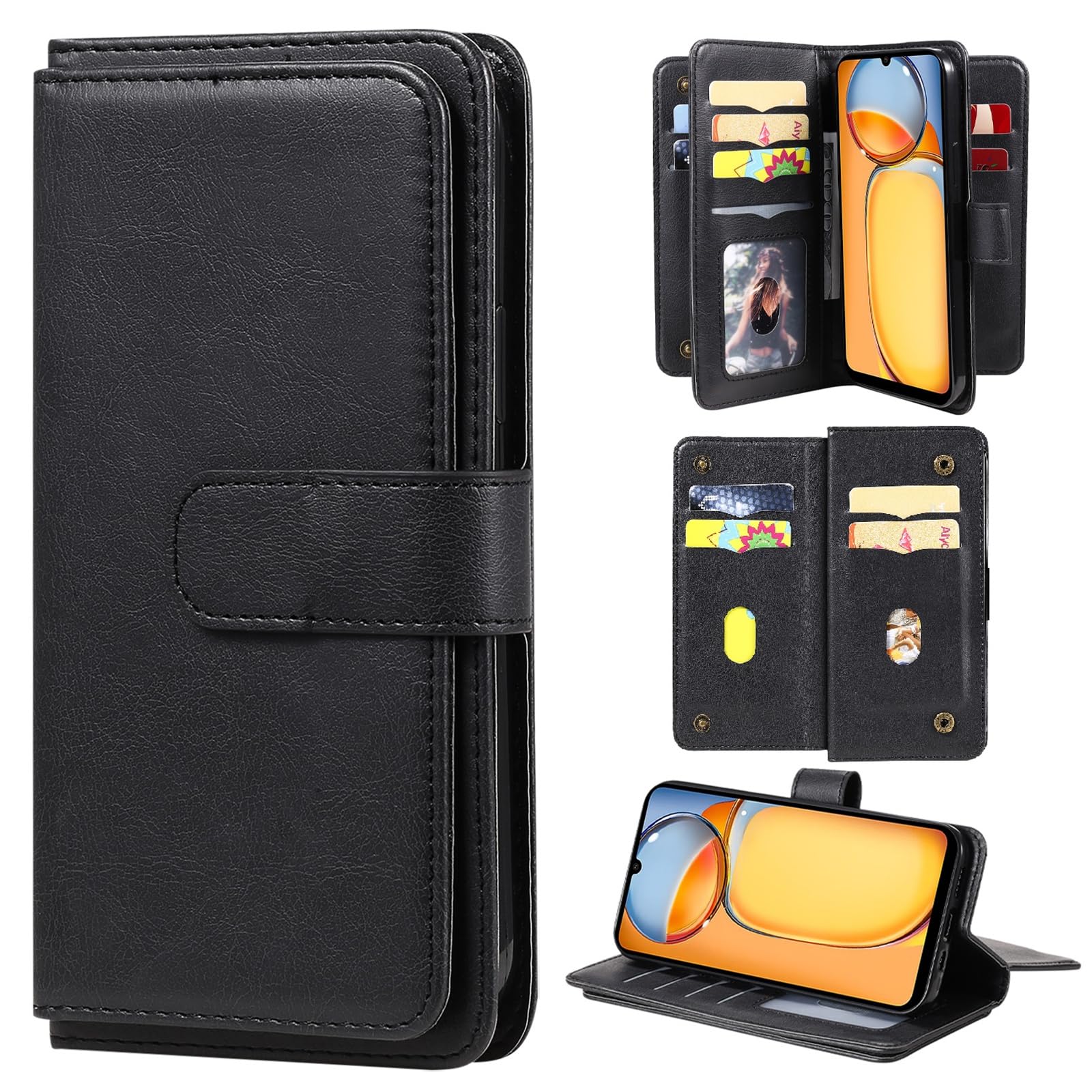 XYX PU Leather Wallet Case for Oppo Find X5 Lite - Slim Flip Cover with 10 Card Slots & Kickstand | Protective Phone Case for Everyday Use, Business Travel & Hands-Free Viewing (Black)