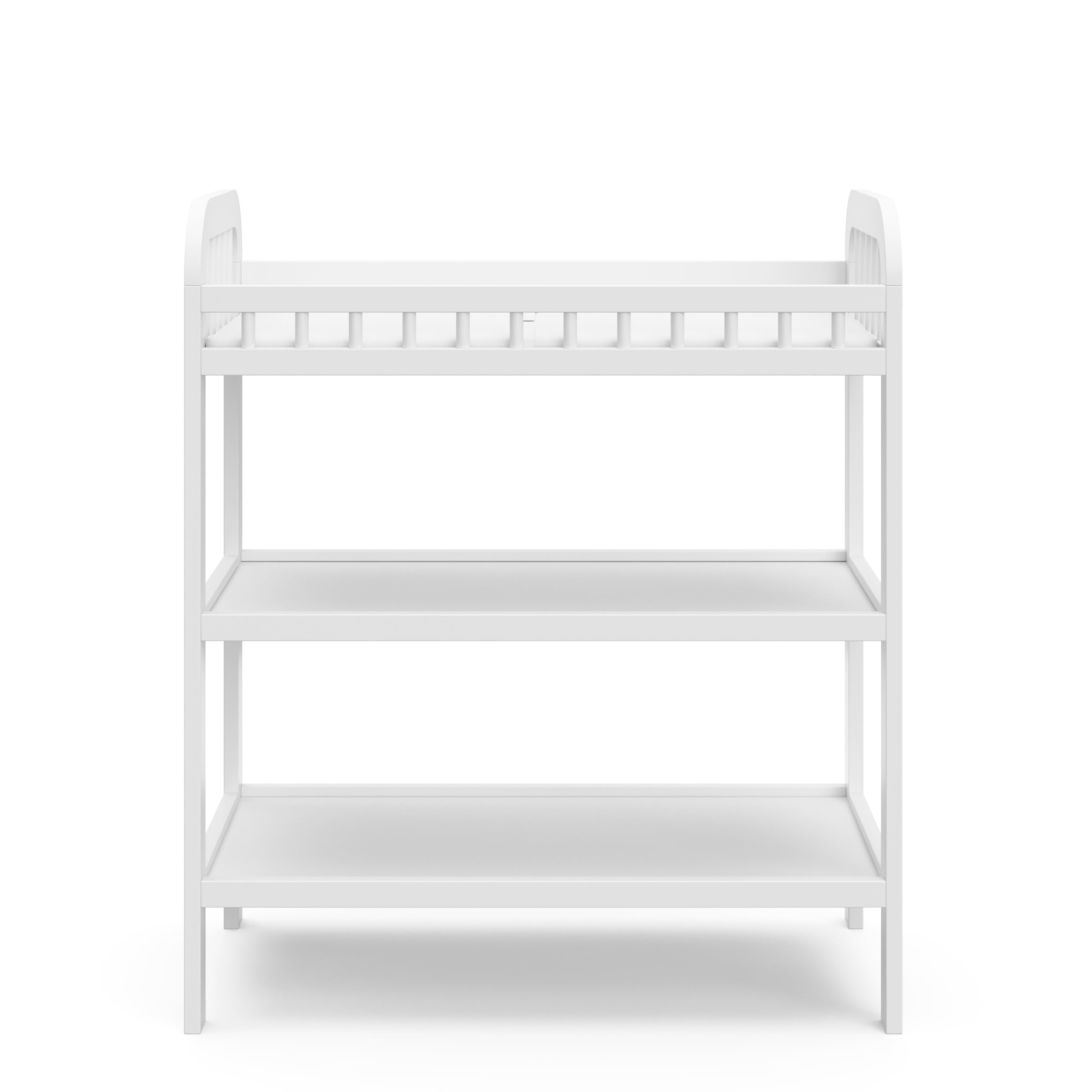 Storkcraft Pasadena White Changing Table with Water-Resistant Pad - GREENGUARD Gold Certified Baby Nursery Furniture, 2 Open Shelves & Safety Strap | Perfect for Diaper Changing, Baby Care Organization in Nursery Rooms