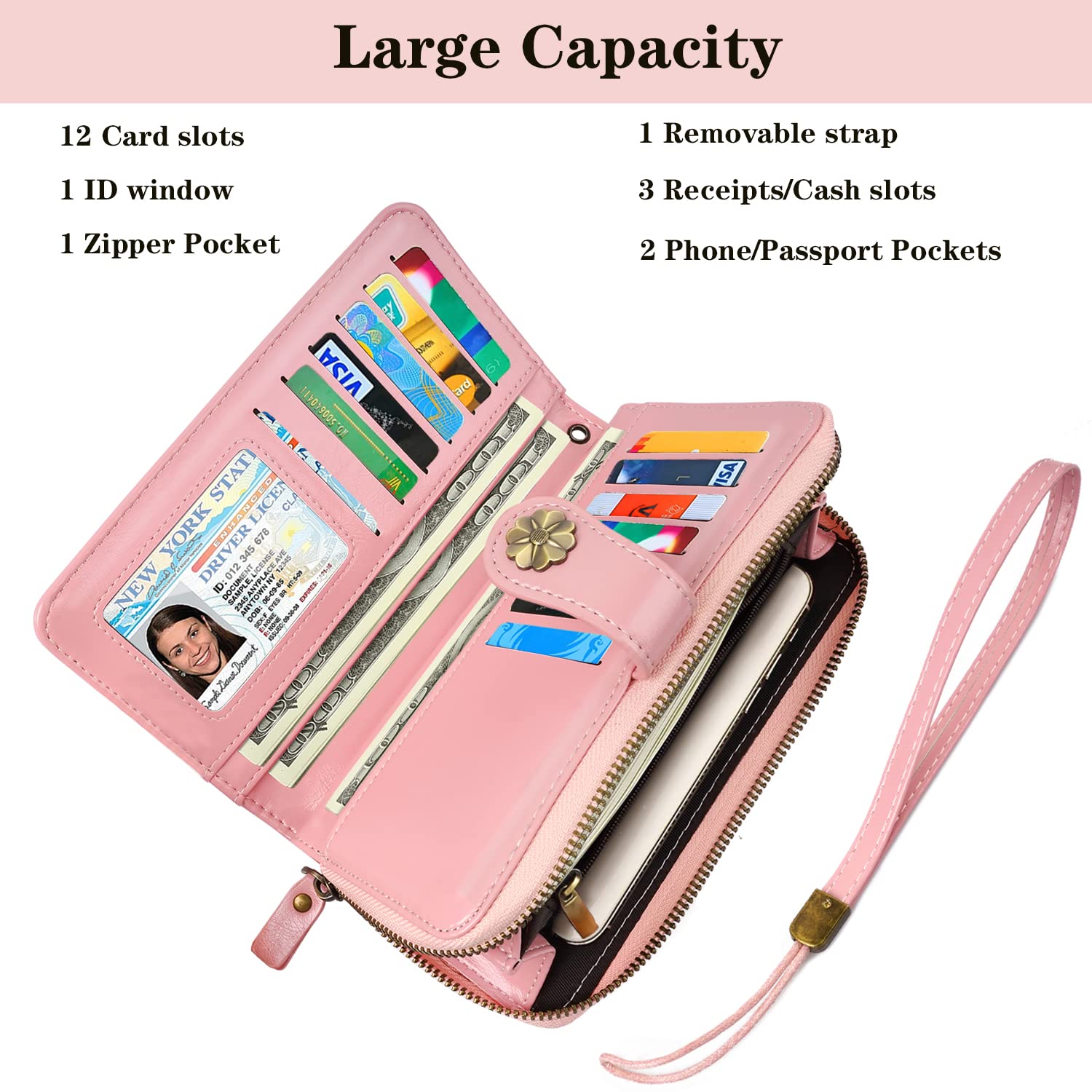 Women's RFID Blocking Leather Wallet with Multi-Card Holder & Wrist Strap - Slim Clutch Purse for Credit Cards, Cash & ID - Perfect for Travel, Shopping & Everyday Use