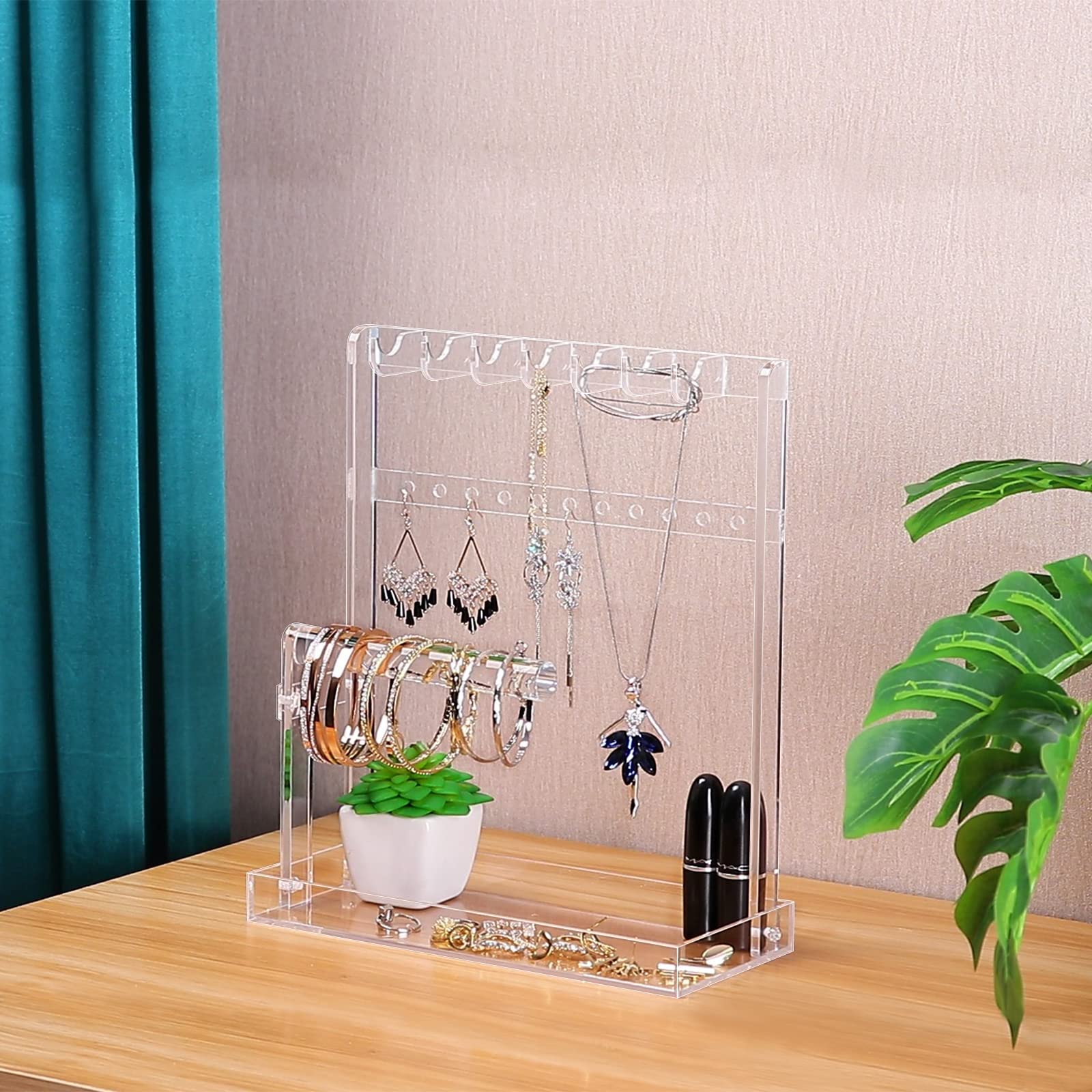 4-Tier Acrylic Jewelry Display Stand Organizer for Necklaces, Earrings, Bracelets, Rings & Watches - Jewelry Tree with Tray for Women & Girls - Perfect Gift for Bedroom, Bathroom & Vanity Organization