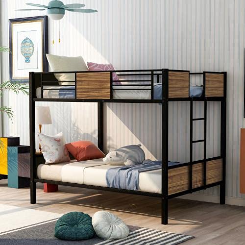 Full-Over-Full Bunk Bed Frame with Ladder - Modern Steel Bunk Bed with Safety Rail for Kids, Teens & Adults - Space-Saving Bedroom Solution for Small Rooms, Dorms & Guest Rooms (Brown)
