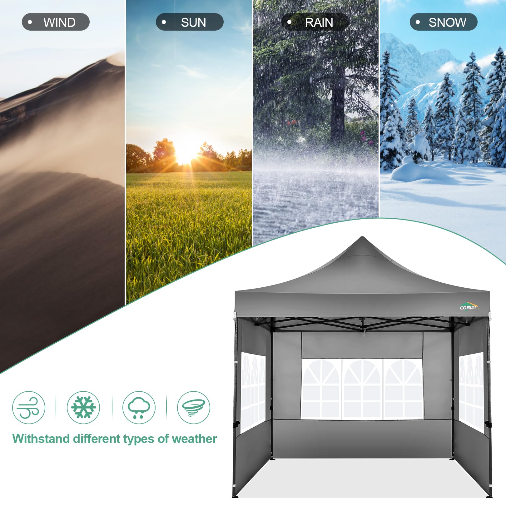 COBIZI 10x10 Pop Up Canopy Tent with 4 Sidewalls - Heavy Duty Commercial Canopy, UPF 50+ Waterproof & Windproof for Outdoor Events, Weddings, Parties, Camping, and Beach - Includes Roller Bag (Grey)