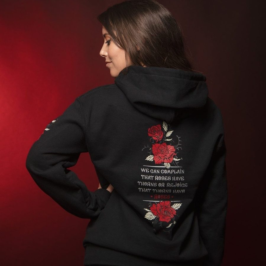 Women's Roses Have Thorns Hoodie - Black Gothic Floral Pullover Sweatshirt | Perfect for Casual Wear, Street Style & Fall Fashion