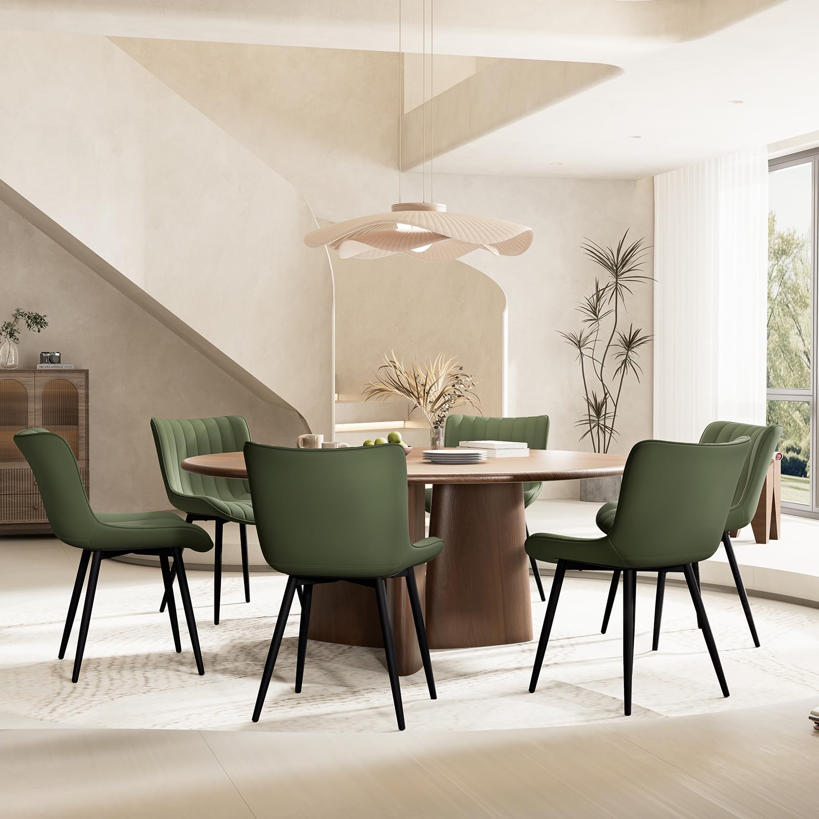 YOUNUOKE Set of 2 Mid-Century Modern Dining Chairs - Faux Leather Upholstered Armless Side Chairs with Padded Back & Metal Legs for Kitchen, Dining Room, or Breakfast Nook - Olive Green