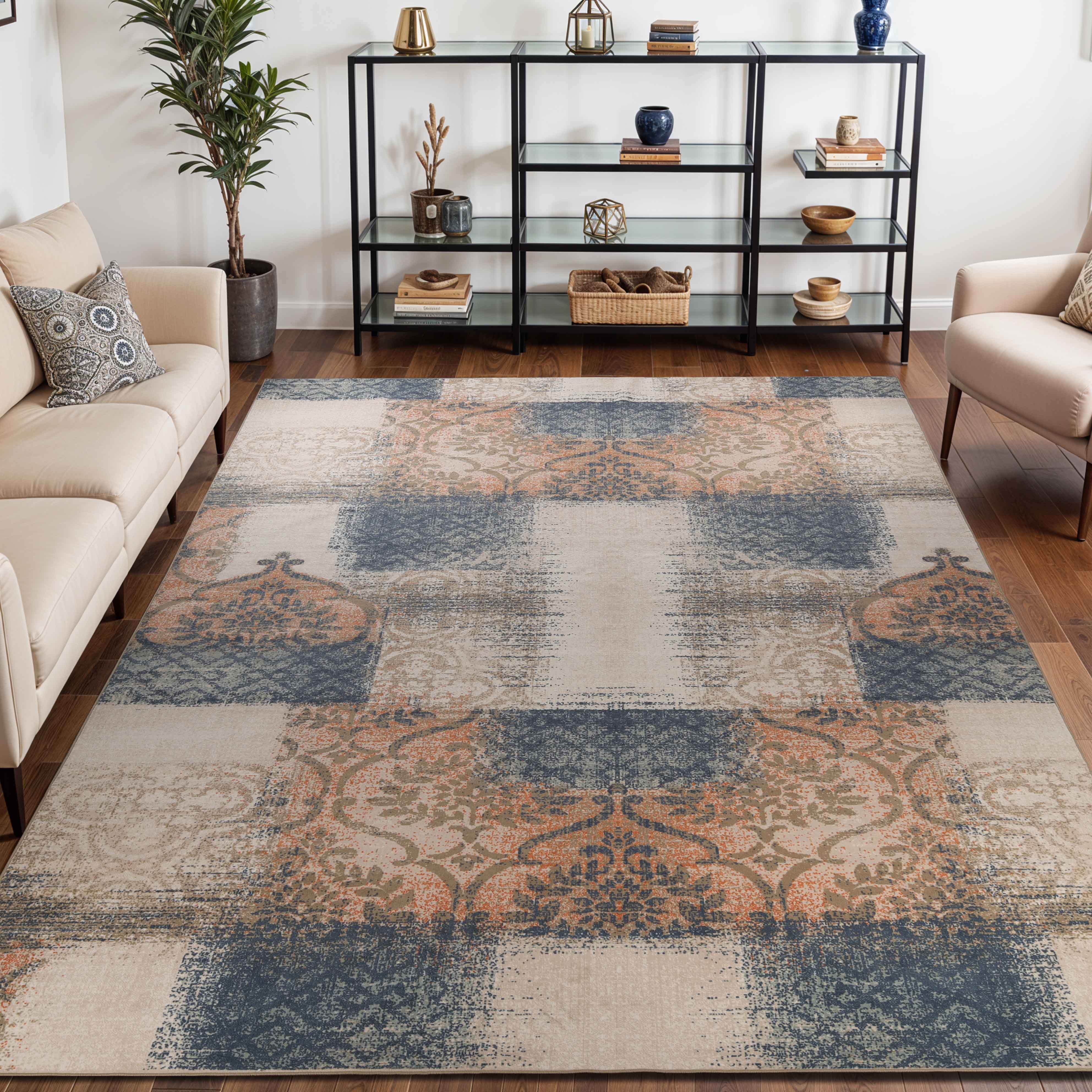Bristol Distressed Abstract Damask Indoor Area Rug - Non-Slip Living Room Carpet Runner for Bedroom, Hallway & Entryway Decor