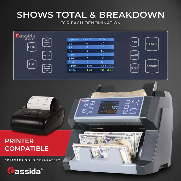 Cassida 6600 UV/MG Business Grade Bill Counter with ValuCount - High-Speed Money Counter for Banks, Retail & Cash-Intensive Businesses