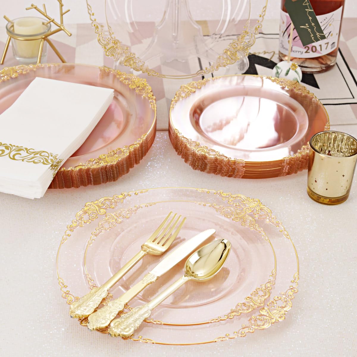 Hioasis 175-Piece Clear Pink Plastic Dinnerware Set - 25 Dinner Plates, 25 Dessert Plates, 25 Knives, 25 Forks, 25 Spoons, 25 Cups & 25 Napkins - Gold & Silver Plastic Cutlery - Perfect for Weddings, Birthday Parties, Baby Showers & Mother's Day Celebrations